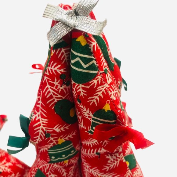 Two Vintage Quilted Fabric 8" Christmas Trees Bows Holiday Table Decor - Picture 10 of 11